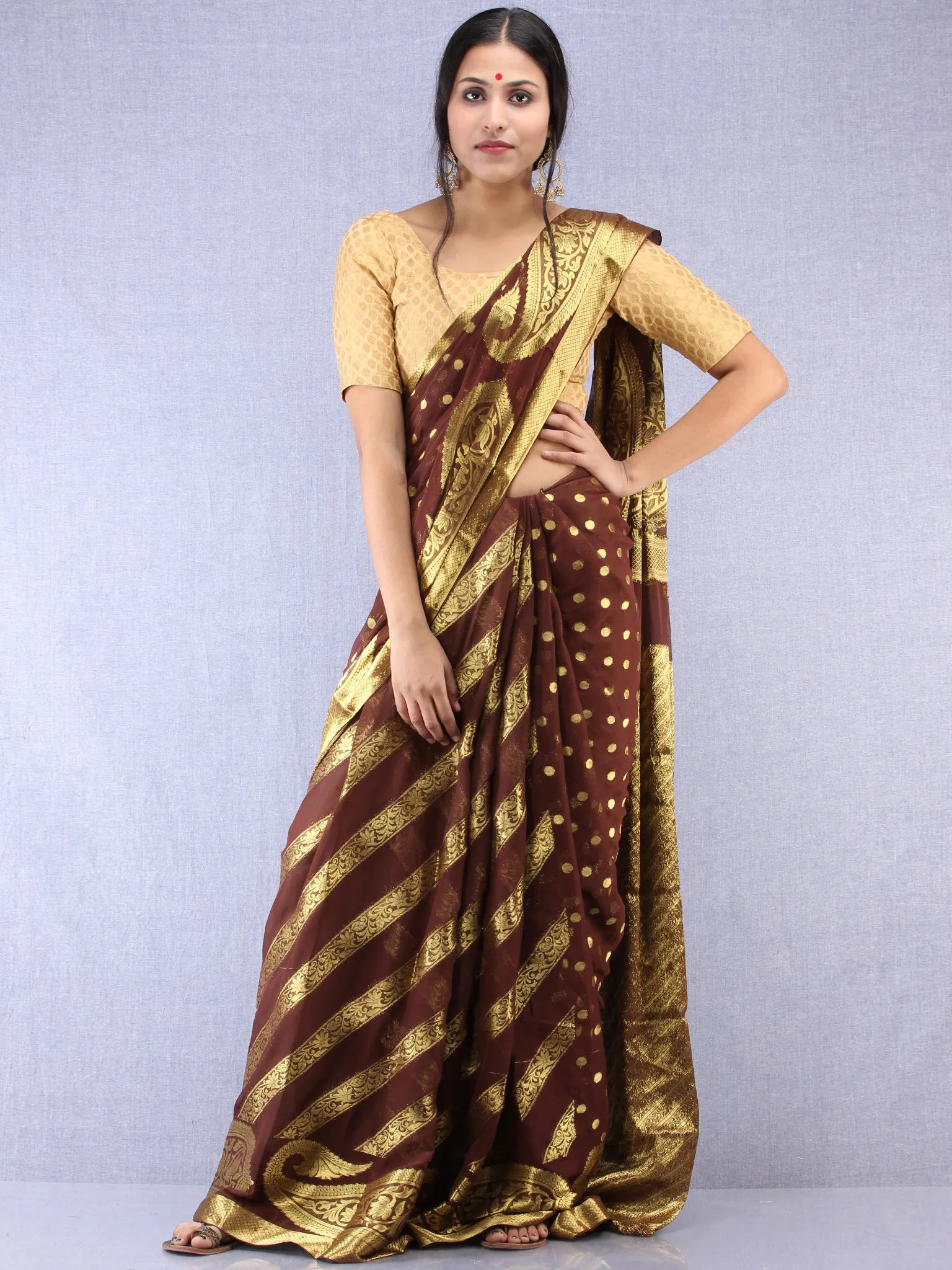 Banarasee Chiffon Saree With Golden Zari Weave - Brown & Gold - S031704357