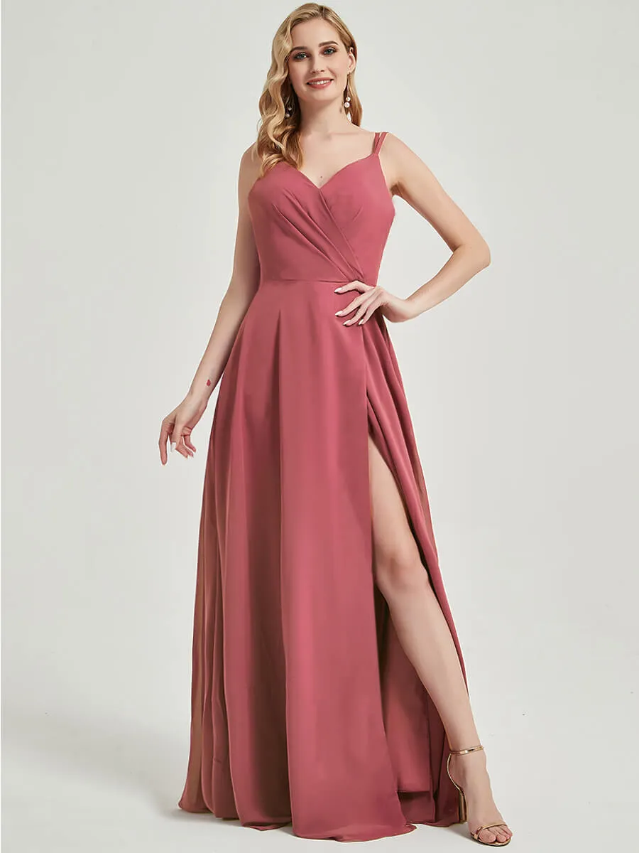 Desert Rose Spaghetti Strap Slit Maxi Lace Chiffon Bridesmaid Dress