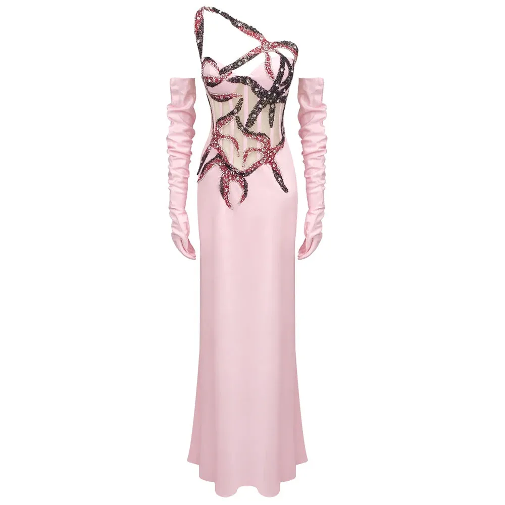 Diamonds Sequins Pink Maxi Long Dress