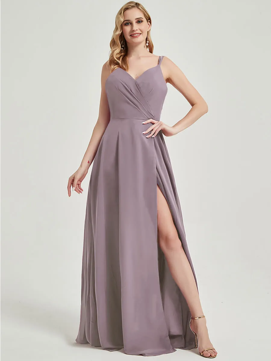 Dusk Spaghetti Straps V-Neck Slit Maxi Lace Chiffon Bridesmaid Dress