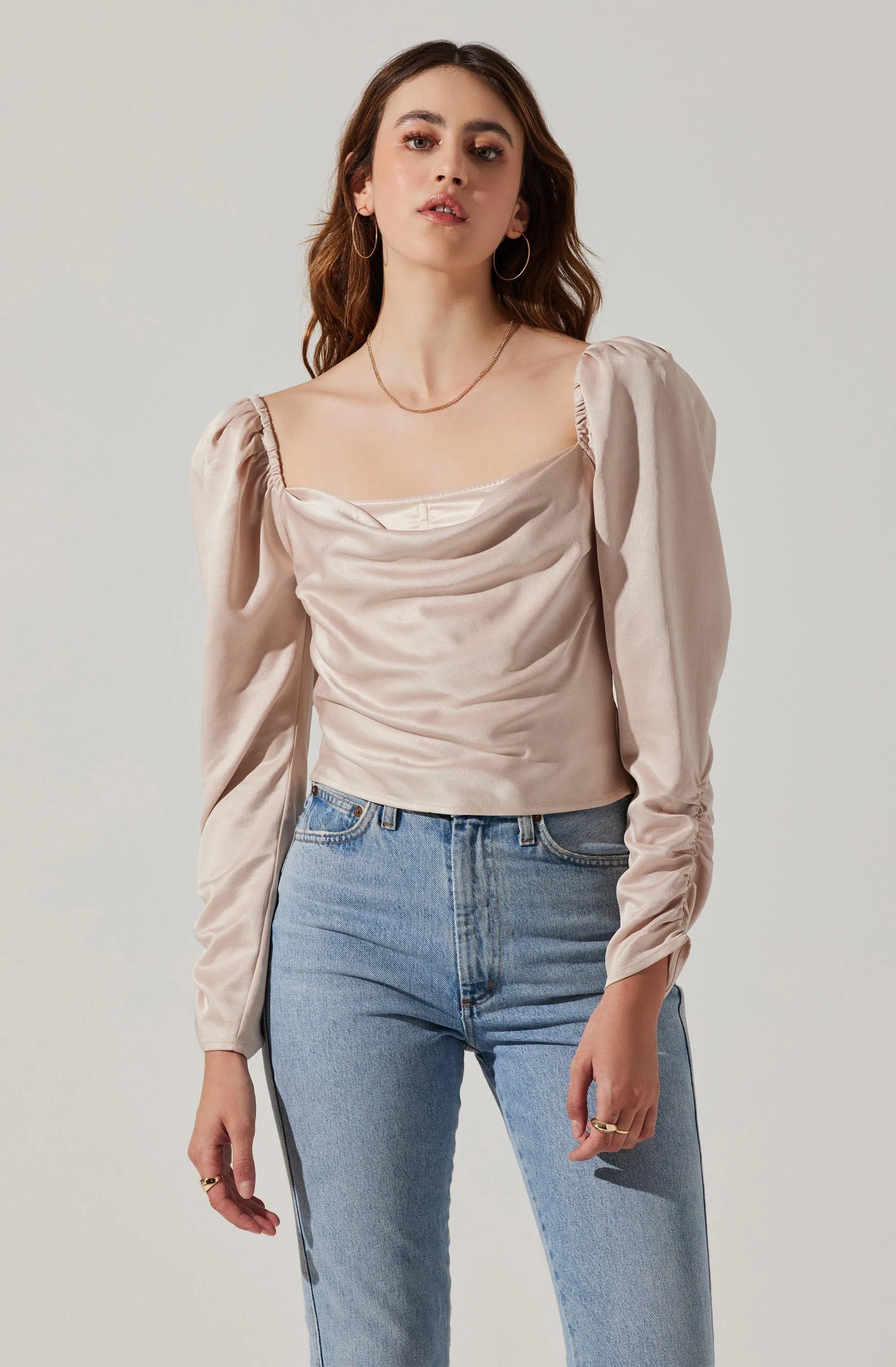 Katija Satin Cowl Neck Puff Sleeve Top