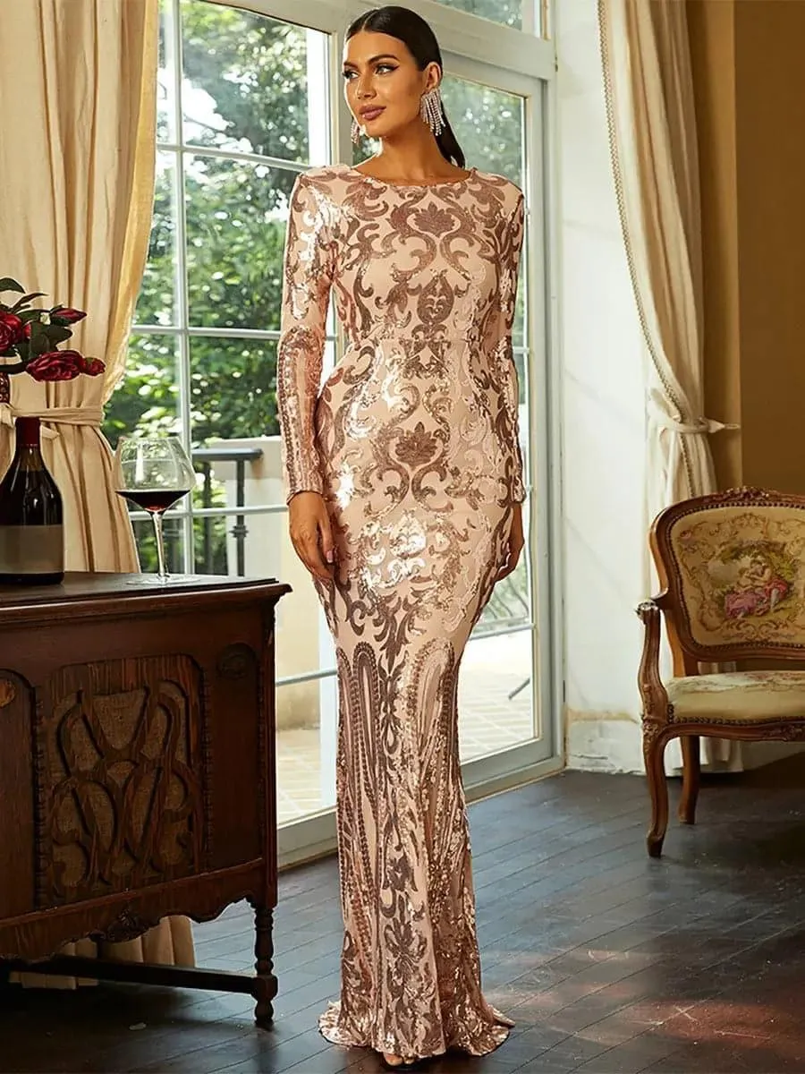 Long Sleeve Sequin Formal Dress FT8578