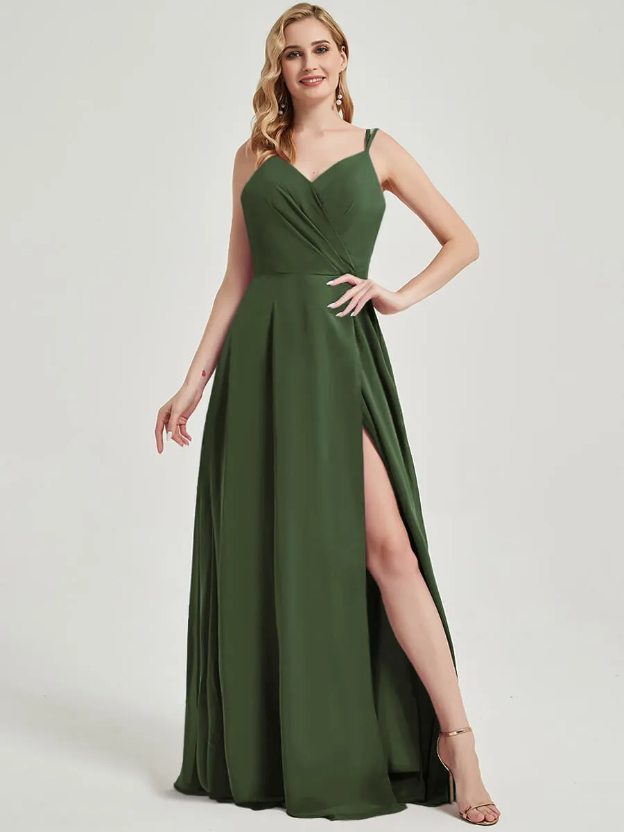 Olive Spaghetti Straps V-Neck Slit Lace Chiffon Maxi Bridesmaid Dress
