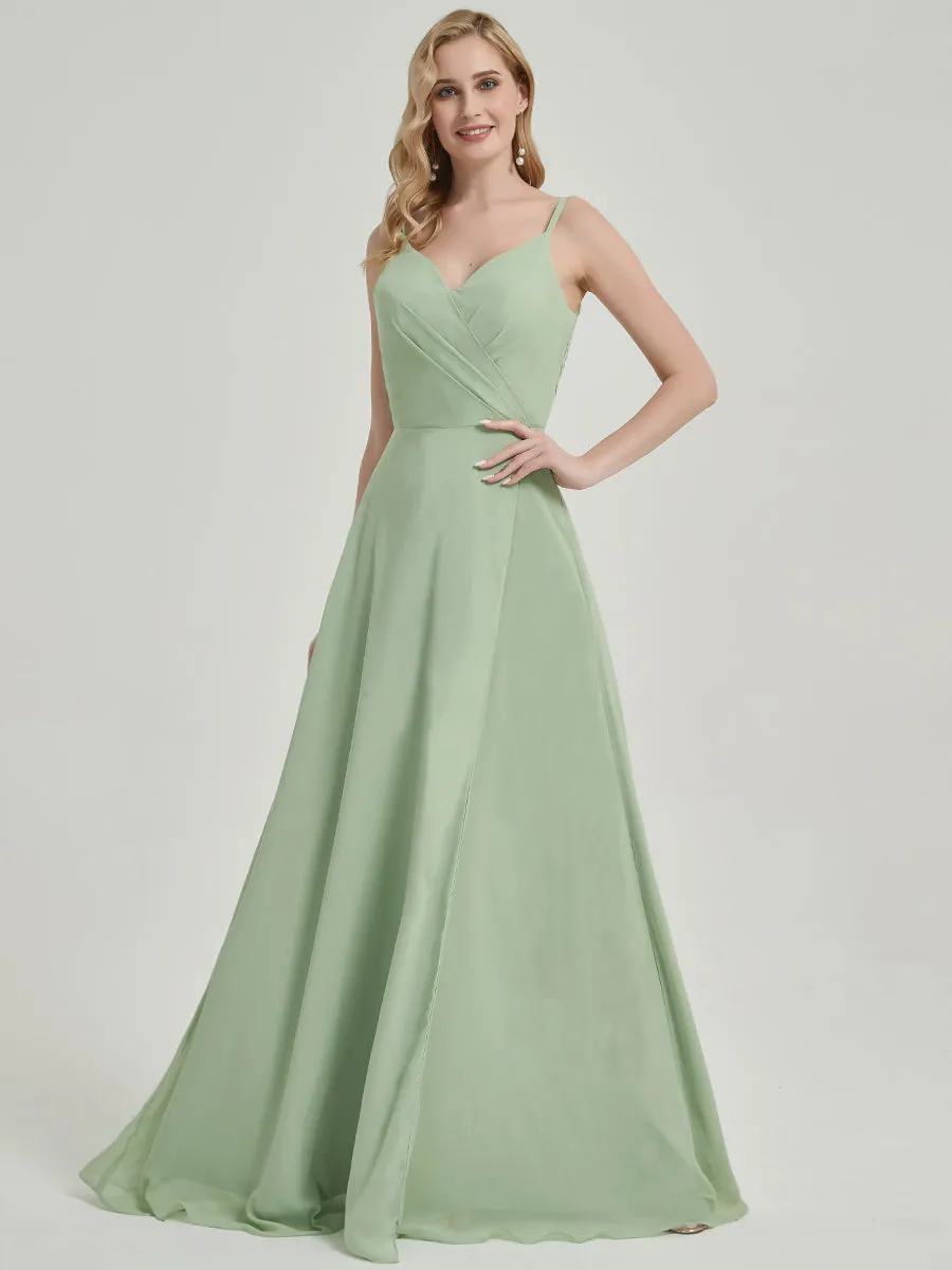 Slate Blue Spaghetti Strap V-Neck Slit Lace Chiffon Bridesmaid Dress