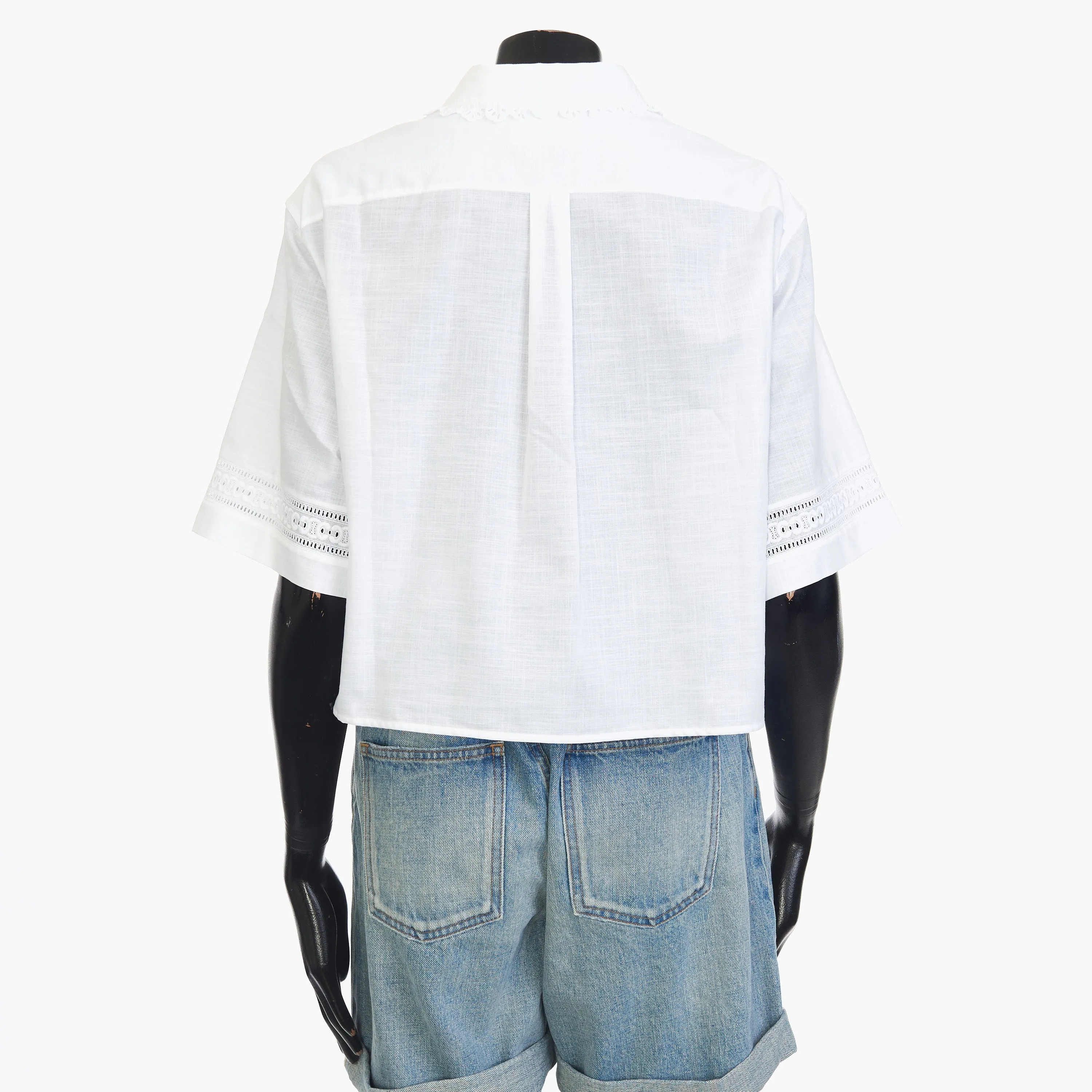 White Cropped Shirt With Frill, Claudine Collar And Triomphe Embroidery